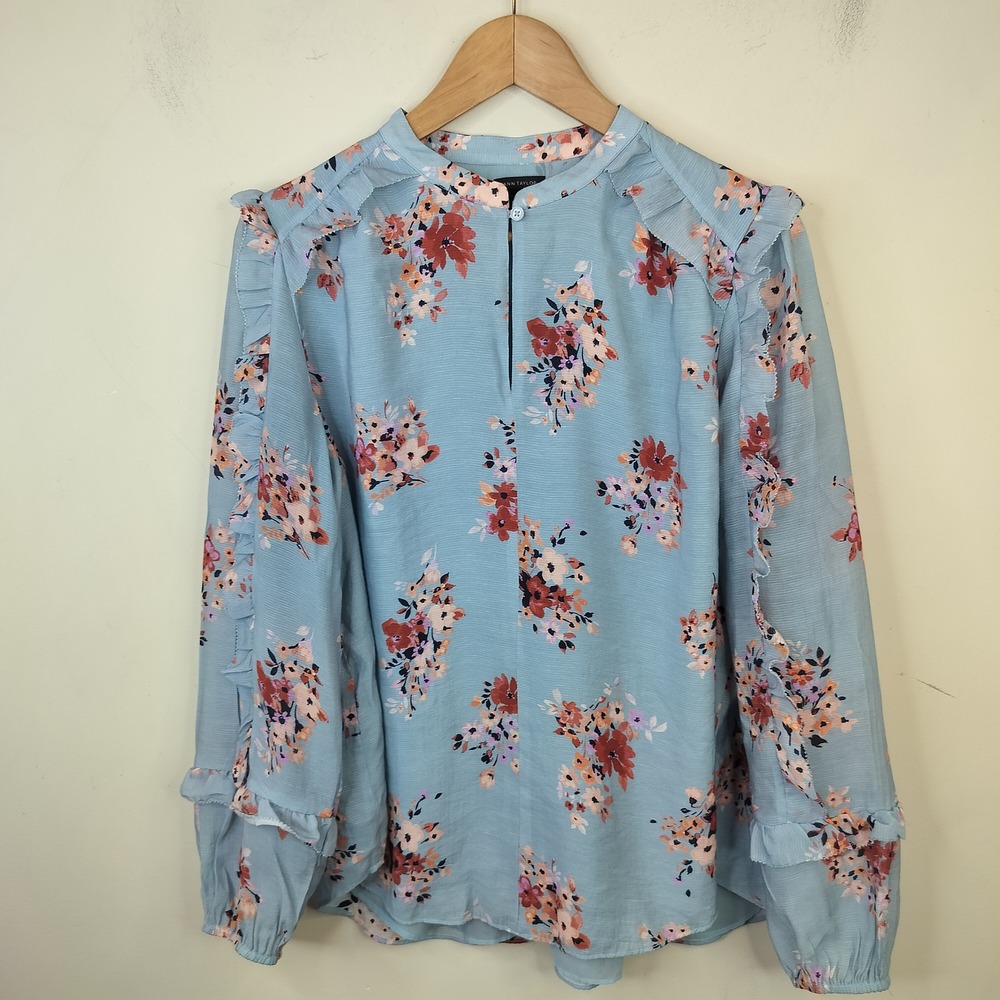 Ann Taylor Floral Ruffle Trim Blouse Large Long Sleeve Blue